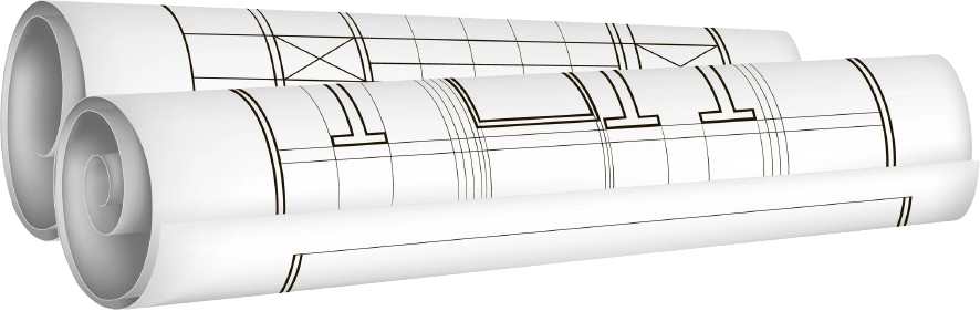 Rolled building plans and architectural model